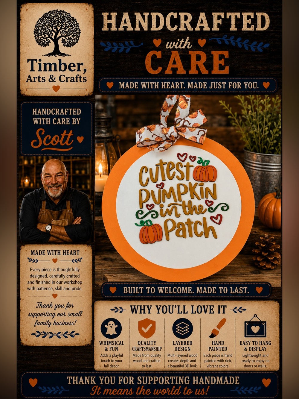 Hand Crafted Wooden"Cutest Little Pumpkin In The Patch" Door Hanger Lase…